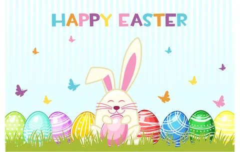 Happy Easter Day. Vector Eggs and rabbit on the grass, greeting card Stock Illustration
