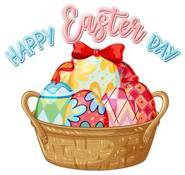 Happy Easter Day Vector Illustration with Colorful Eggs in Wicker Basket Stock Illustration