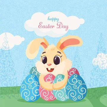 Happy Easter Day Vector Illustration featuring a Cute Bunny Rabbit and Swir.. Stockillustratie
