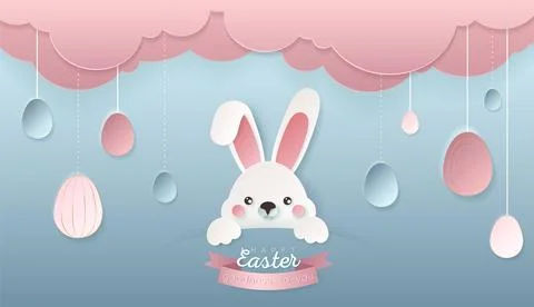 Happy Easter day wallpaper or banner with papercut bunny. Stockillustratie