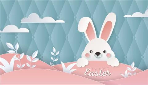 Happy Easter day wallpaper or banner with papercut bunny. Stock Illustration