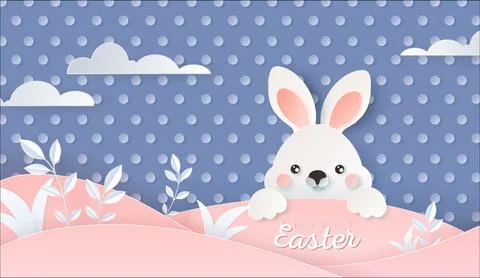 Happy Easter day wallpaper or banner with papercut bunny. Stock Illustration