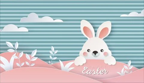 Happy Easter day wallpaper or banner with papercut bunny. Stockillustratie