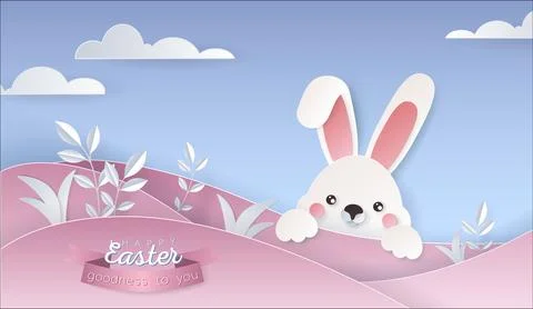 Happy Easter day wallpaper or banner with papercut elements. 스톡 일러스트