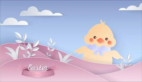 Happy Easter day wallpaper or banner with papercut elements. Illustrazione stock