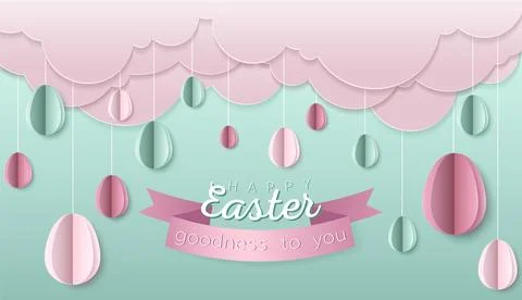 Happy Easter day wallpaper or banner with papercut elements. 스톡 일러스트