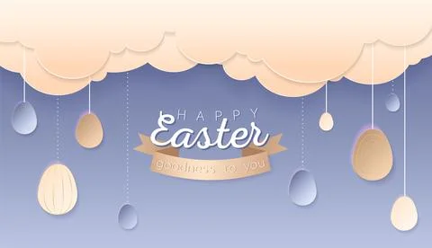 Happy Easter day wallpaper or banner with papercut elements. Stock Illustration