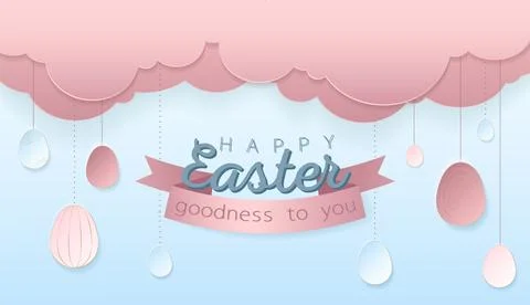 Happy Easter day wallpaper or banner with papercut elements. Illustrazione stock