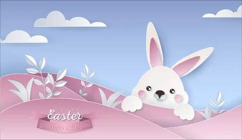 Happy Easter day wallpaper or banner with papercut elements. Illustrazione stock