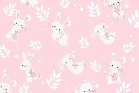 Happy easter day white bunnies floral decoration banner pink background Stock Illustration