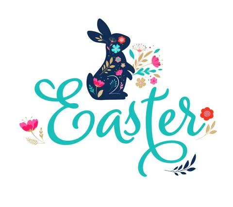 Happy Easter, decorated easter card, banner. Bunnies, Easter eggs, flowers and Stock Illustration