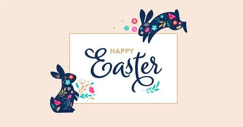 Happy Easter, decorated easter card, banner. Bunnies, Easter eggs, flowers and Illustrazione stock