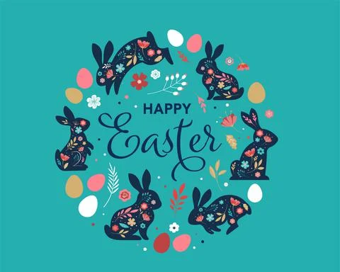 Happy Easter, decorated easter card, banner. Bunnies, Easter eggs, flowers and Stock Illustration