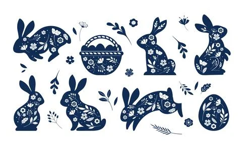 Happy Easter, decorated easter card, banner. Bunnies, Easter eggs, flowers and Stock Illustration