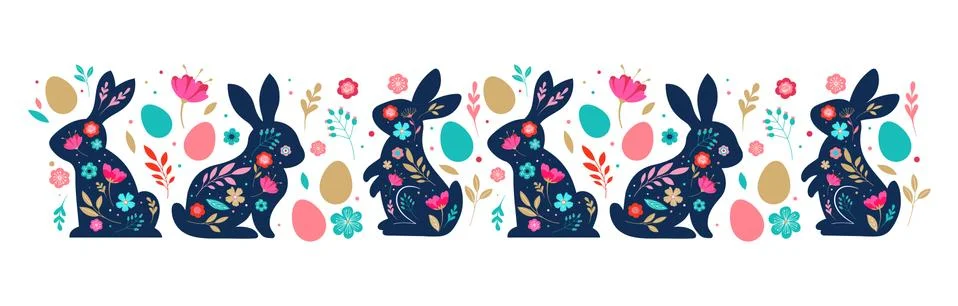 Happy Easter, decorated easter card, banner. Bunnies, Easter eggs, flowers and イラスト素材