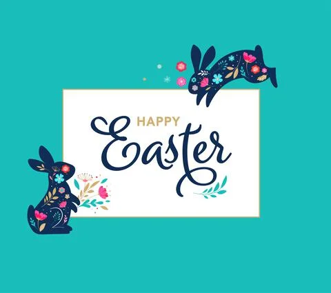 Happy Easter, decorated easter card, banner. Bunnies, Easter eggs, flowers and Stock Illustration