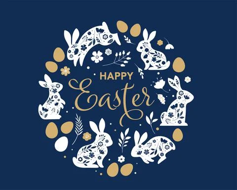 Happy Easter, decorated easter card, banner. Bunnies, Easter eggs, flowers and Illustrazione stock