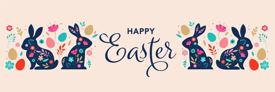 Happy Easter, decorated easter card, banner. Bunnies, Easter eggs, flowers and 库存插图