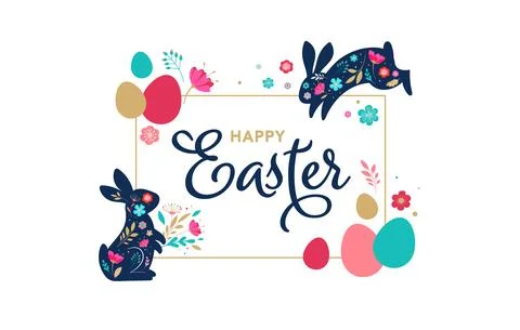 Happy Easter, decorated easter card, banner. Bunnies, Easter eggs, flowers and Stock Illustration