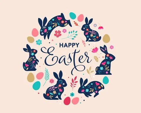 Happy Easter, decorated easter card, banner. Bunnies, Easter eggs, flowers and Stock Illustration