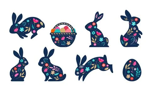 Happy Easter, decorated easter card, banner. Bunnies, Easter eggs, flowers and Stock Illustration