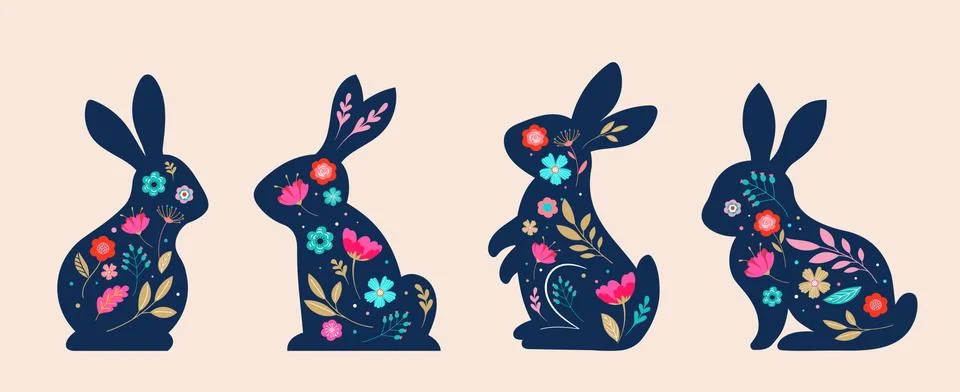 Happy Easter, decorated easter card, banner. Bunnies, Easter eggs, flowers and Stock Illustration