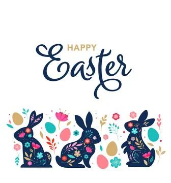 Happy Easter, decorated easter card, banner. Bunnies, Easter eggs, flowers and Illustrazione stock