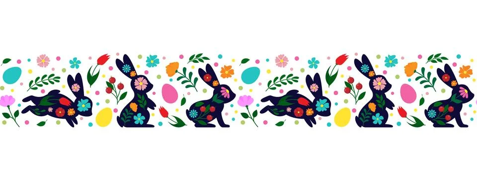 Happy Easter, decorated easter card, banner. Bunnies, Easter eggs, flowers .. Illustrazione stock