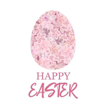 Happy Easter. Decorated pink flat egg decorated pink flowers carnation, crane's Stock Illustration