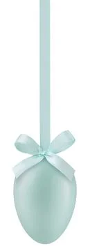 Happy Easter decoration egg with shiny ribbon bow in pastel light blue colo.. Stock Photos