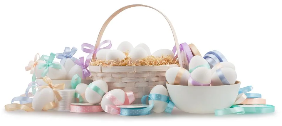 Happy Easter decorations, basket eggs with light pastel colored bright ribb.. Stock-Illustration