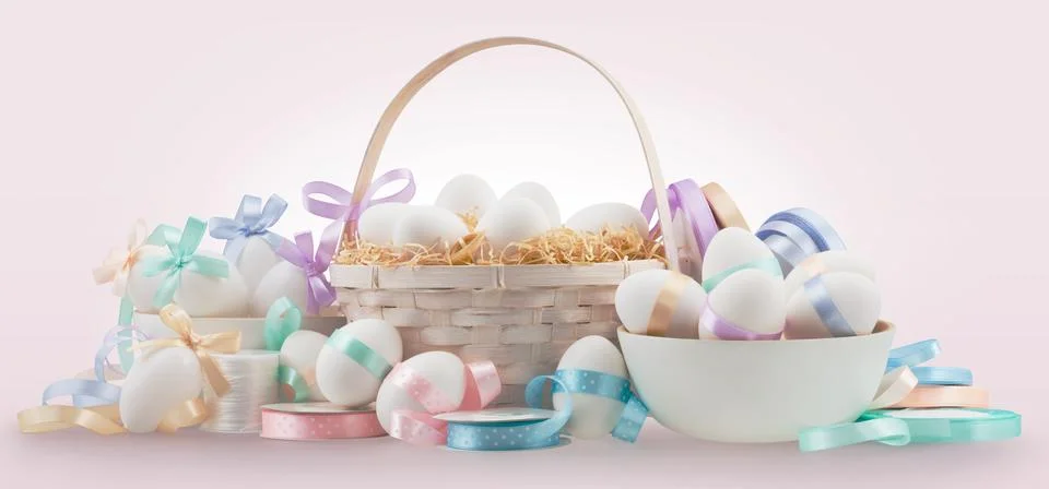 Happy Easter decorations, basket eggs with light pastel colored bright ribb.. Stock-Illustration