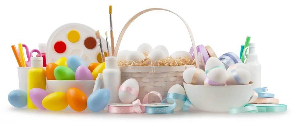 Happy Easter decorations, basket eggs with light pastel colored bright ribb.. Stock-Illustration