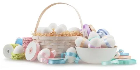 Happy Easter decorations, basket eggs with light pastel colored bright ribb.. Stock Illustration