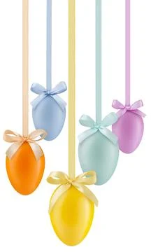 Happy Easter decorations colorful eggs with shiny ribbons bows in pastel li.. Stock Photos