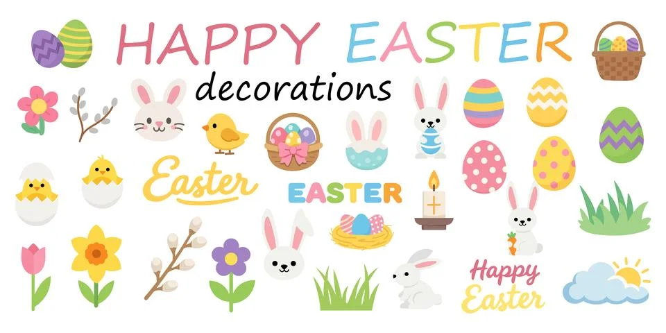 Happy Easter decorations set, cute spring holiday elements, eggs, bunny, flow Stock Illustration