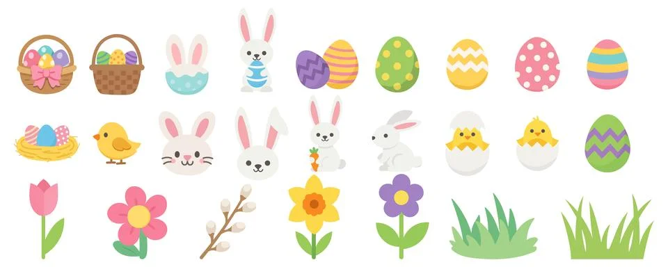 Happy Easter decorations set, cute spring holiday elements, eggs, bunny, fl.. Stock Illustration