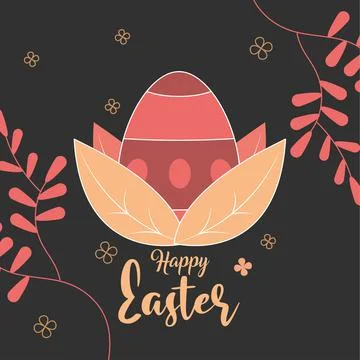 Happy easter decorative egg leaves foliage dark background Illustrazione stock