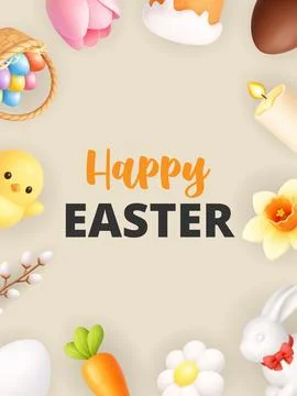Happy Easter decorative frame with bunny, eggs and spring elements. 3D realistic 库存插图