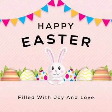 Happy easter design 3d illustration with rabbit, eggs, and leaves Stock Illustration