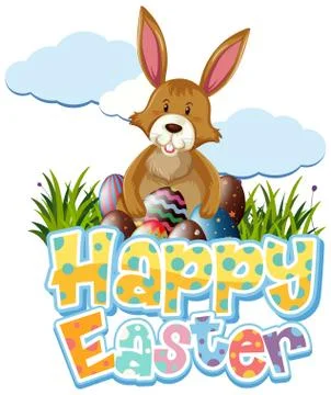 Happy Easter design with brown bunny and eggs in the garden Stock Illustration