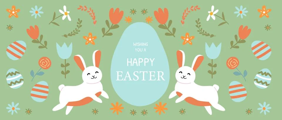 Happy easter design with bunnies, eggs, and flowers on green background Stock Illustration