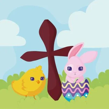 Happy easter design with catholic cross, cute chicken and rabbit, colorful Stock Illustration