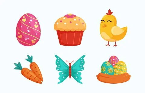 Happy Easter design element with eggs, cupcake, chicken, carrot and butterfly. Stock Illustration
