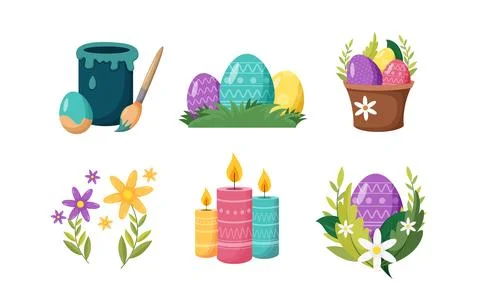 Happy Easter design element with painted eggs, flowers and candles. Stock Illustration