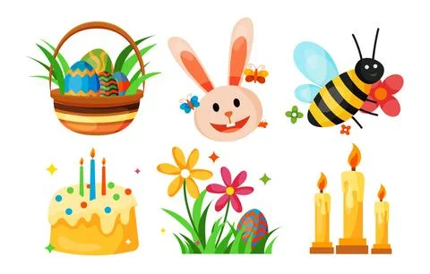 Happy Easter design element with painted eggs, flowers and candles. Stock Illustration
