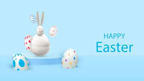 Happy easter. Design Rabbit with eggs. Festive spring 3d composition. Realistic Illustrazione stock