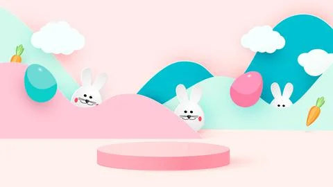 Happy easter. Design Rabbit with eggs. Festive spring 3d composition. Realistic Stock Illustration