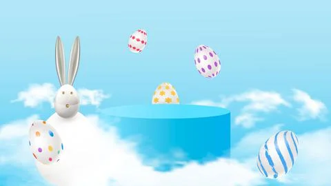Happy easter. Design Rabbit with eggs. Festive spring 3d composition. Realistic Stock Illustration
