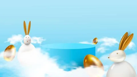 Happy easter. Design Rabbit with eggs. Festive spring 3d composition. Realistic Stock Illustration